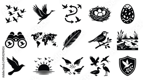 A collection of 15 black and white icons representing various aspects of birdlife, including flocks, nests, eggs, and migratory patterns.