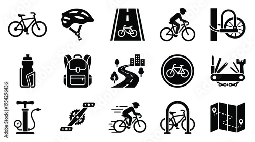 Collection of black and white icons representing various aspects of cycling, including bikes, safety gear, accessories, and infrastructure.