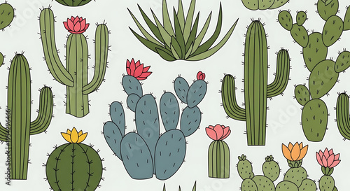 A colorful vector illustration of various cacti and succulents with flowers on a white background