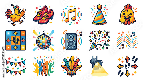 A vibrant collection of party and celebration-themed icons, including dancing figures, musical notes, party hats, and festive decorations.
