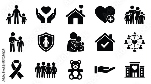 Collection of icons representing family, care, support, community, and health services.
