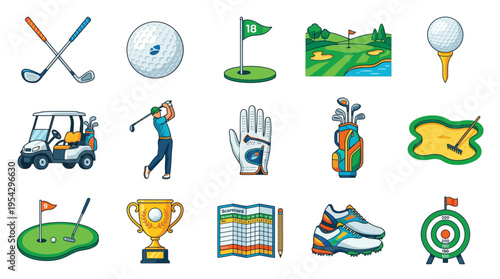 Collection of cartoon-style illustrations depicting various elements and activities associated with the sport of golf.