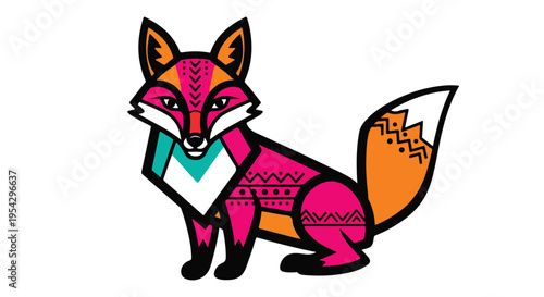 Tribal fox spirit vector, vibrant Gen Z style, playful shapes, bold color blocking (orange, pink, teal), simplified tribal patterns, thick outlines, fun and trendy, sticker-style vector
