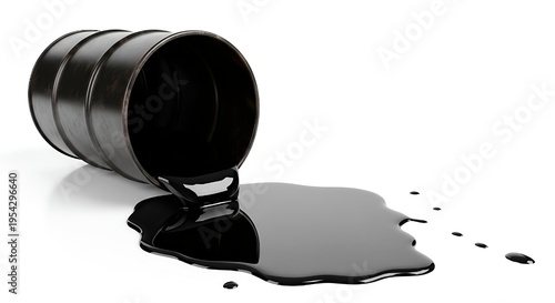 Oil drum leaking black liquid on white background industrial pollution concept
