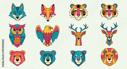 Colorful tribal animal spirits vector set, 9 animals (wolf, fox, tiger, owl, eagle, deer, bear, panther, lion), vibrant color blocking (pink, orange, teal, yellow), bold outlines, playful shapes, Gen 