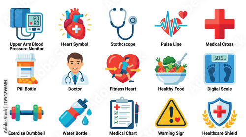 A collection of 15 flat design icons representing various aspects of health, medicine, and fitness, including medical equipment, healthy lifestyle choices, and wellness symbols.