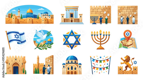 Collection of illustrations depicting iconic Israeli landmarks, symbols, and cultural elements, including the Western Wall, menorah, Star of David, and the Israeli flag.