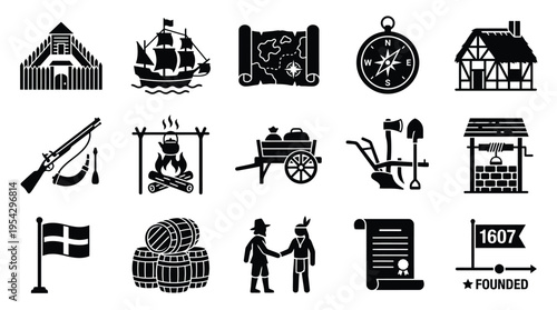 Collection of historical icons representing early colonial settlement, exploration, and daily life in the 17th century.