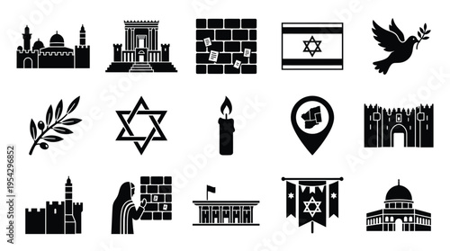 Collection of black and white icons representing Israeli culture, religion, and landmarks, including religious buildings, the Western Wall, the Star of David, and a dove.