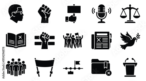 Collection of black and white icons representing various aspects of social justice, activism, and civic engagement.