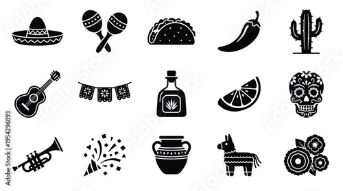 A collection of elements of Mexican culture, a sombrero, maracas, taco, chili pepper, cactus, guitar, bunting, tequila bottle, lime slice, sugar skull, trumpet, confetti, vase, piñata, and flowers.