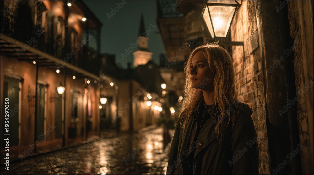 Obraz premium Urban loneliness and introspection A woman stands alone on a wet street at night in New Orleans reflecting on life and seeking solace in the city's quiet moments A moody and atmospheric ambiance.