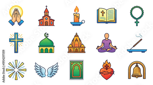 Collection of religious symbols and icons representing various faiths and spiritual practices from around the world.