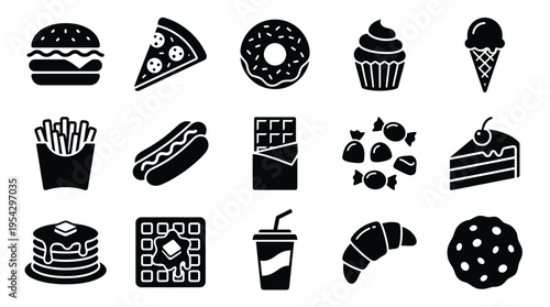 A collection of black and white icons representing various popular fast food and dessert items, arranged in a grid.