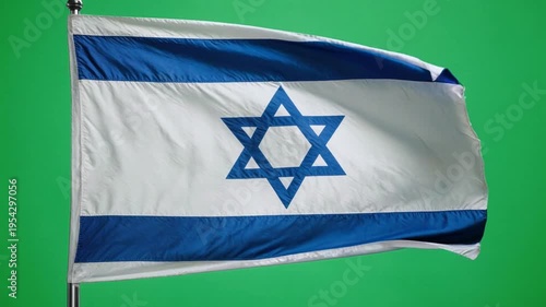 Israeli flag waving on green background.