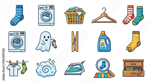 A collection of cartoon-style illustrations depicting various laundry-related items and activities, including washing machines, socks, a ghost, and ironing.