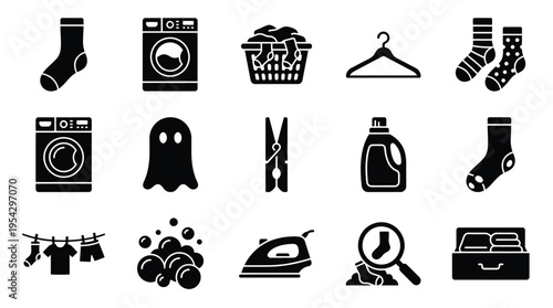 Collection of laundry and cleaning related icons, including washing machines, socks, hangers, and ironing equipment.