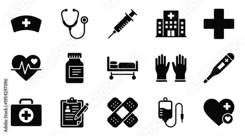 A collection of medical and healthcare-related icons, including a stethoscope, syringe, hospital, and first aid kit.