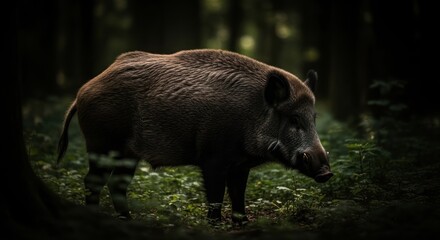 Wild boar in forest wildlife photography of a solitary animal