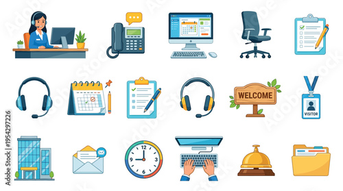 A collection of flat design icons representing various aspects of office work, customer service, and business operations.