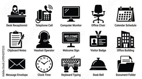 Collection of 15 black and white icons representing various office and business-related items and concepts.