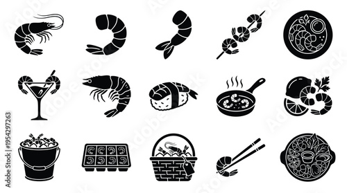 Collection of black and white icons representing various shrimp dishes and preparations, including whole shrimp, skewers, sushi, and cooked meals.