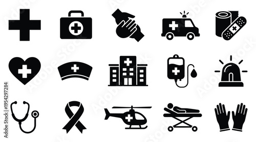 Collection of medical and healthcare-related icons, including a cross, first aid kit, ambulance, hospital, and medical professionals.