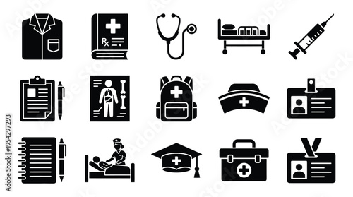 A collection of black and white icons representing medical equipment, healthcare professionals, and hospital supplies, ideal for medical or health-related designs.