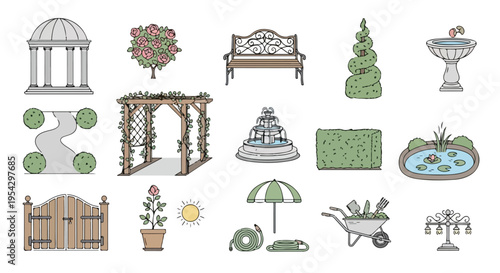 Set of 18 garden and park elements vector illustrations