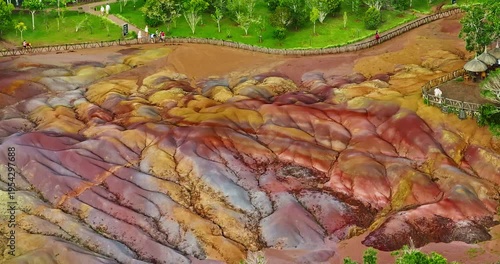 Aerial view of seven coloured earths on island Mauritius. Tourist attraction on island Mauritius