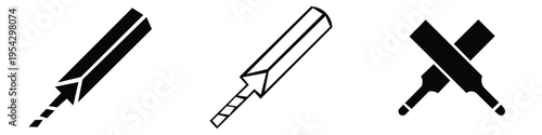 Crossed Cricket Bat and Ball Icon Set – Sports Equipment Silhouette Vector Collection 