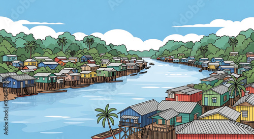 A vibrant cartoon illustration of a tropical village built on stilts over calm waters