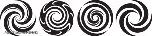 A set of four black and white circular swirl spiral icons with various abstract designs.