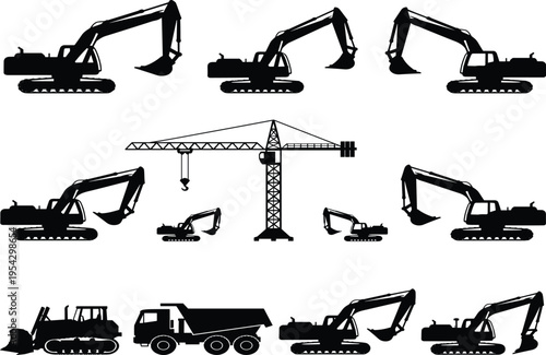 Excavator and construction machinery silhouette set including crawler diggers, tower crane, bulldozer and dump truck heavy equipment vector collection isolated on white background