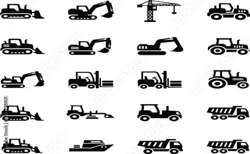 Collection of black shovel silhouette icons isolated on white background, spade digging tools set for construction, gardening, farming and landscaping vector illustration