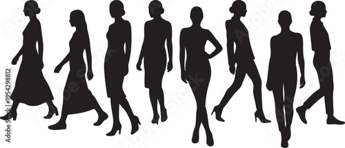 Fashion Models Runway Silhouette, Women on Catwalk, Stylish Female Silhouettes in Various Poses for Design and Fashion Concept.