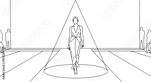 Fashion Model Walking on Runway in Spotlight, Catwalk Fashion Show Line Art Illustration for Coloring Book