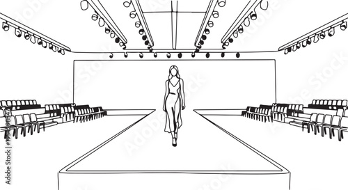 One line art illustration of a professional fashion model walking on a runway stage during a catwalk show, minimalist sketch of a fashion event venue with empty seats.