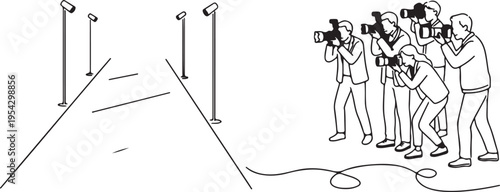 Paparazzi Photographers Group with Cameras at Red Carpet Event Illustration, Journalists Taking Photos at Fashion Show Runway.