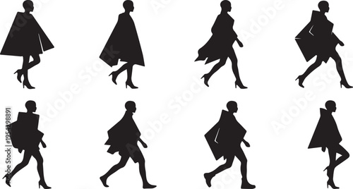 Set of Eight Female Fashion Model Silhouettes in Geometric Avant-Garde Outfits Walking on a Runway.