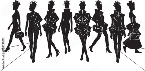 Black and White Silhouettes of Fashion Models on a Runway with Avant-Garde Geometric Outfits; Catwalk Fashion Show Illustration.