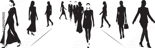 Black Silhouettes of Fashionable Women Walking on a White Background, Elegant Models Strutting on Runway or Urban Catwalk, High Fashion Style Illustration with Suits and Dresses.