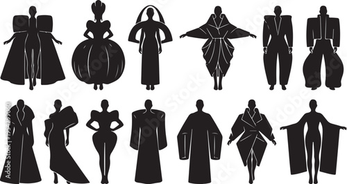 Collection of avant-garde fashion design silhouettes, experimental runway garment outlines, high-fashion apparel shapes and haute couture concepts for models.