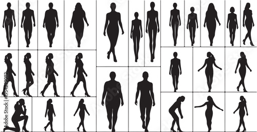 Collection of diverse female silhouettes in various walking and standing poses, featuring different body types, fashion models, and casual movements on white background