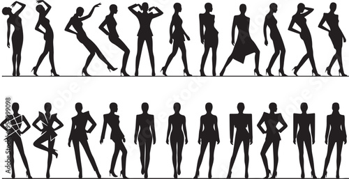 Collection of Elegant Female Fashion Silhouettes and Stylish Model Poses, Women in Modern Suits and Dresses for Catwalk, Runway and Clothing Design Illustration.