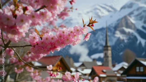 Pink Cherry Blossoms Snowy Village Mountains.
