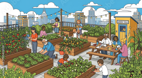 A vibrant community garden on a rooftop in a bustling city with people of all ages working and socializing together.