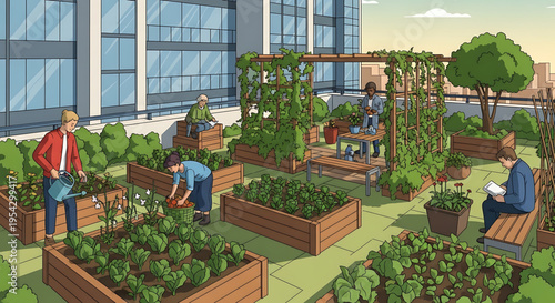 A vibrant urban garden on a rooftop with people tending to plants and relaxing in a serene green space amidst a bustling city.