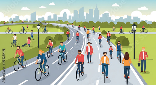 A vibrant city park scene with people cycling and walking on a bike path towards a modern city skyline