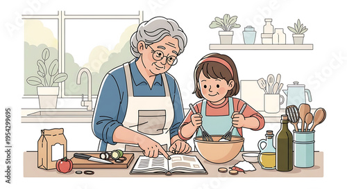 An elderly woman and a young girl baking together in a modern kitchen with a cookbook and various ingredients
